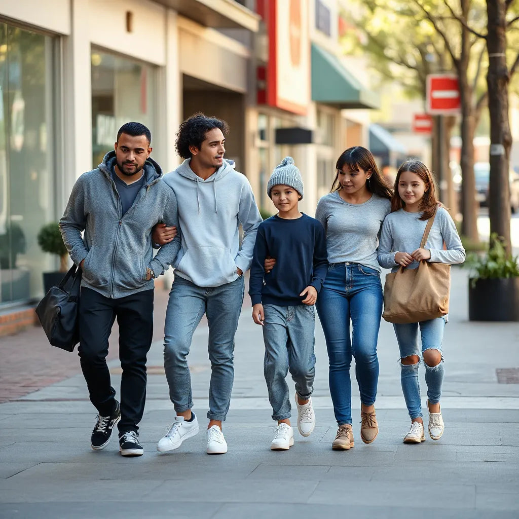 Diverse family walking in casual, kid-friendly streetwear with hoodies, jeans, and sneakers
