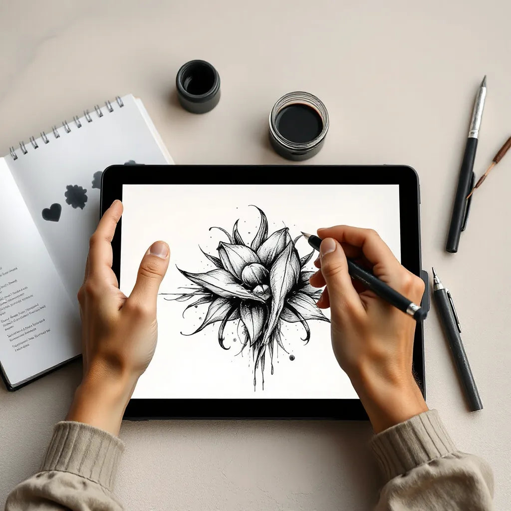Hands sketching a bold surreal tattoo graphic on a tablet in a clean studio workspace