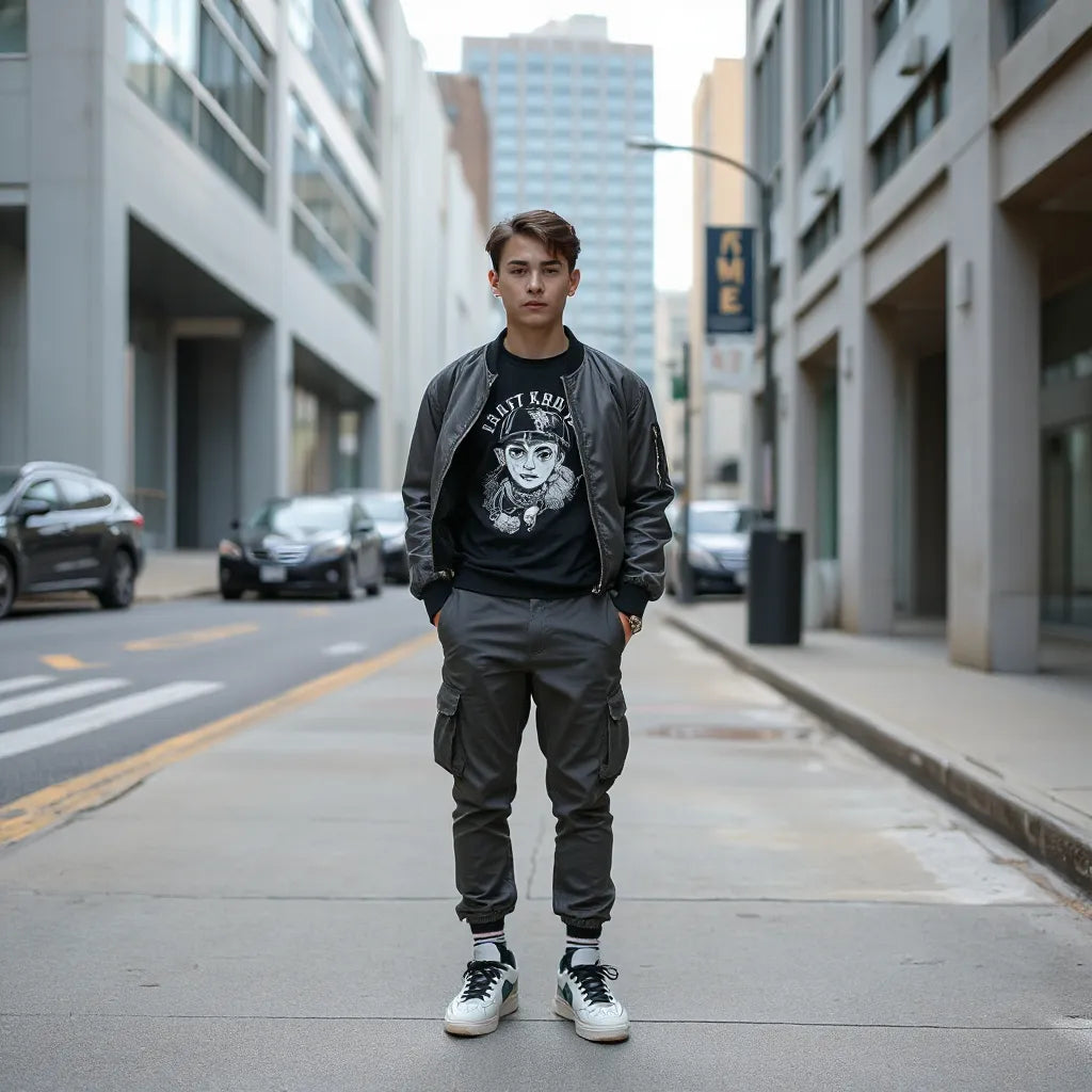 Streetwear outfit with tattoo-inspired ink artwork on a graphic tee and layered jacket in an urban setting