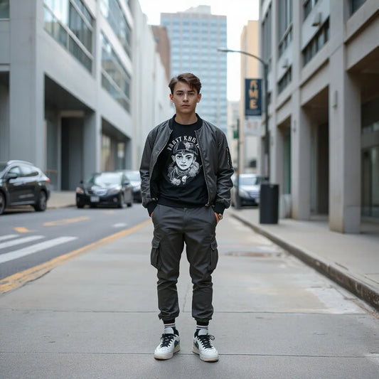 Streetwear outfit with tattoo-inspired ink artwork on a graphic tee and layered jacket in an urban setting