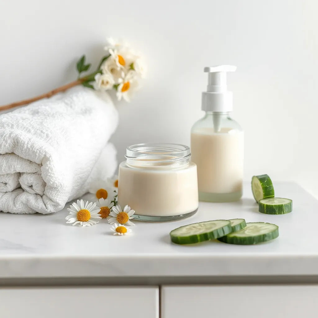 Cream moisturizer jar and pump bottle on a clean vanity with chamomile flowers for sensitive skin comfort
