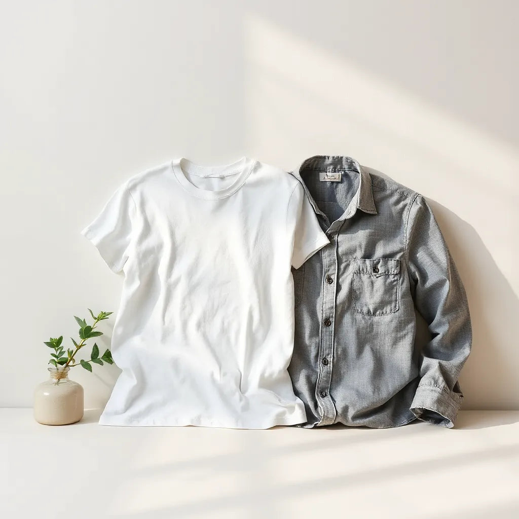 Folded plain cotton shirts with visible soft fabric texture in bright studio lighting
