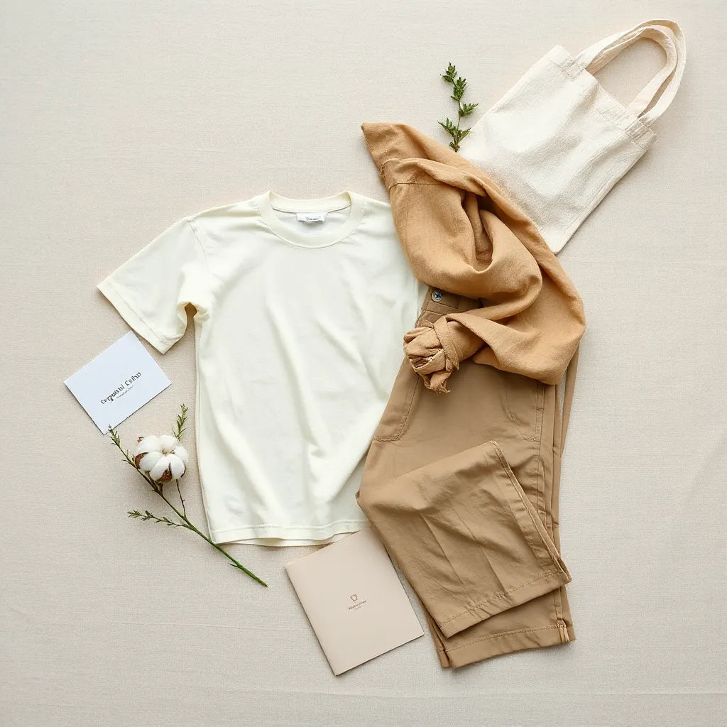 Eco-friendly cotton clothing laid out with natural fabric textures and greenery for styling inspiration