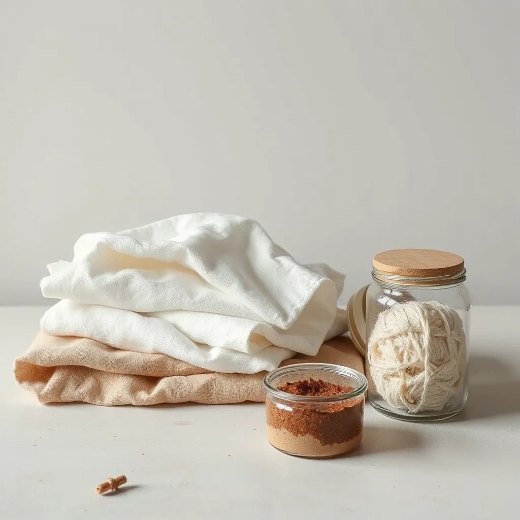 Assorted fabric swatches of organic cotton, linen, hemp, and recycled fibers arranged neatly on a neutral background