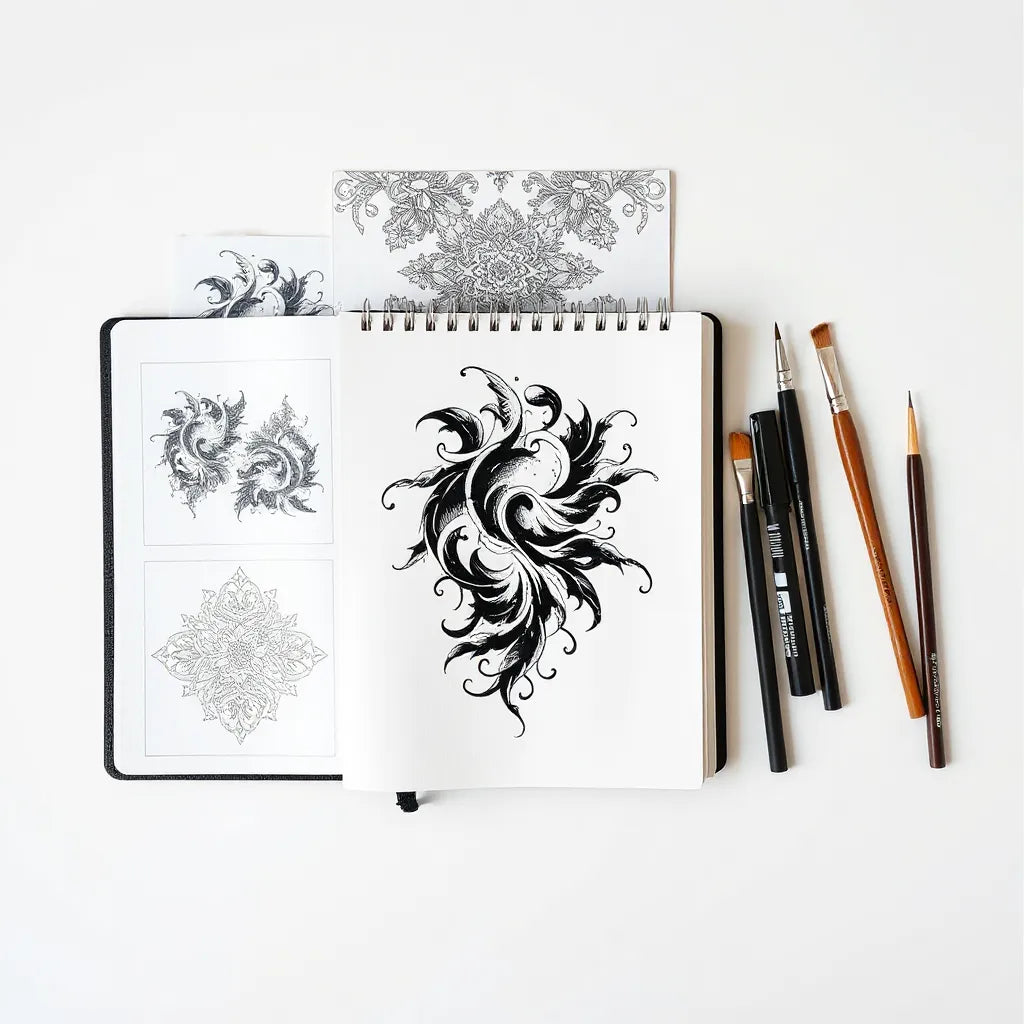 Bold tattoo graphic design sheet with surreal AI-inspired lines on a studio table
