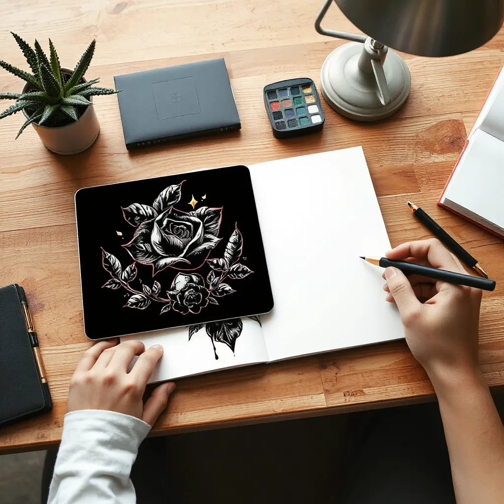 Tattoo graphic design sketch on a desk with an AI art preview on a tablet