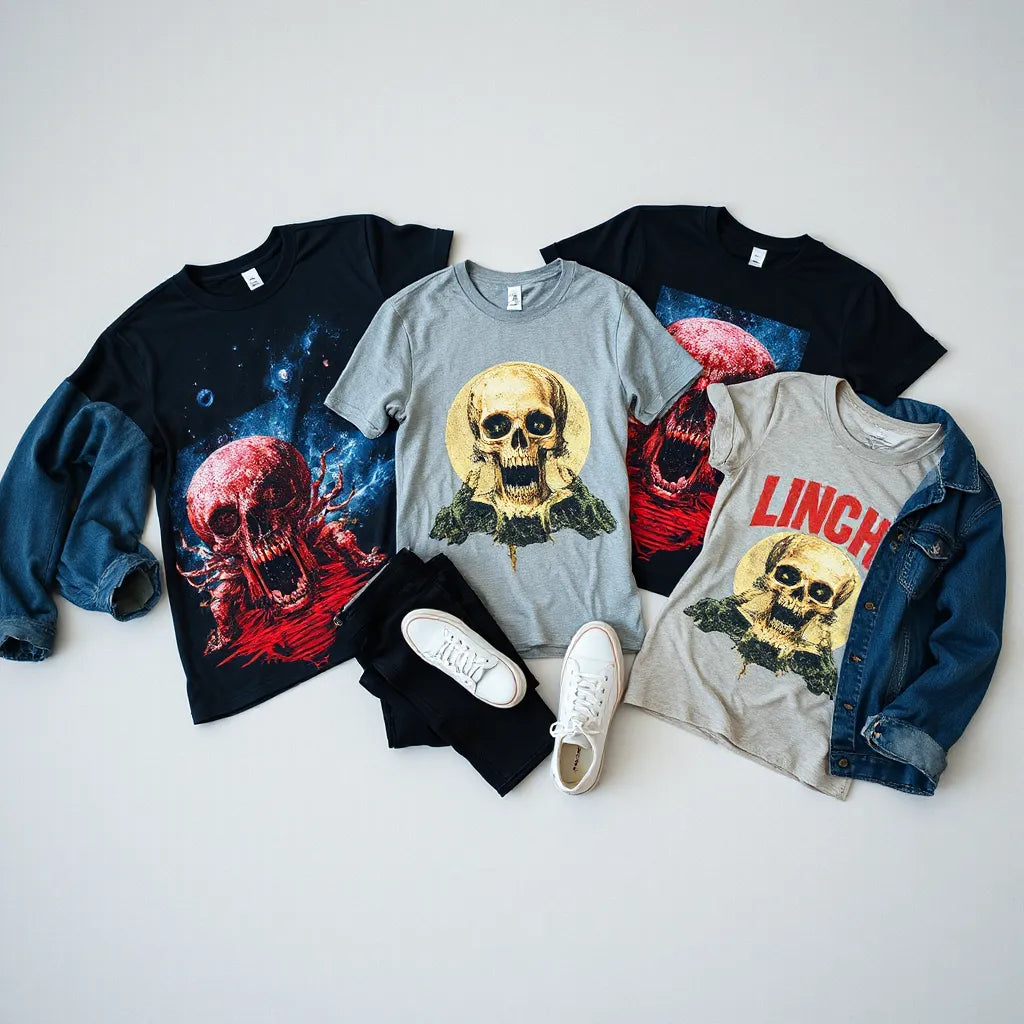 Surreal graphic tees laid out with jeans, denim jacket, and sneakers for easy outfit styling