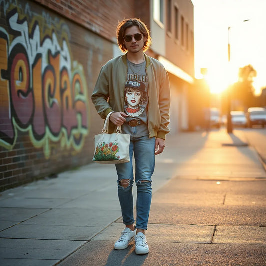 Person in an artistic street style outfit with layered bomber jacket and graphic tee on an urban sidewalk