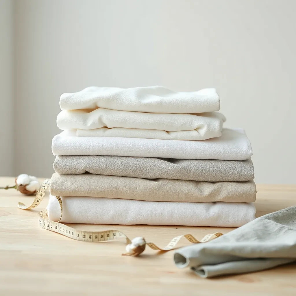 Neatly folded 100% cotton shirts with visible fabric texture on a light wood surface