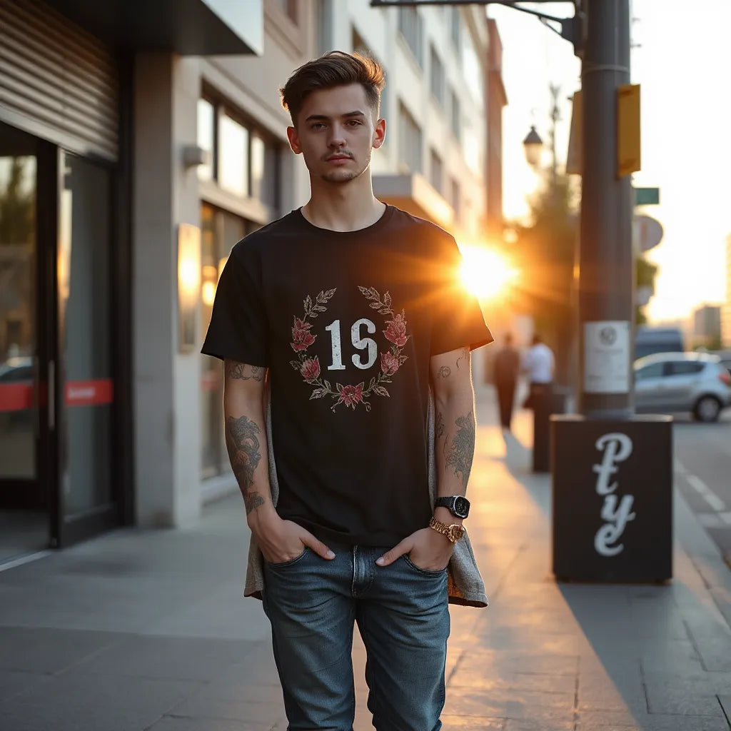 Tattoo-inspired graphic T-shirt and jacket worn in an urban street setting with clear fabric and design details