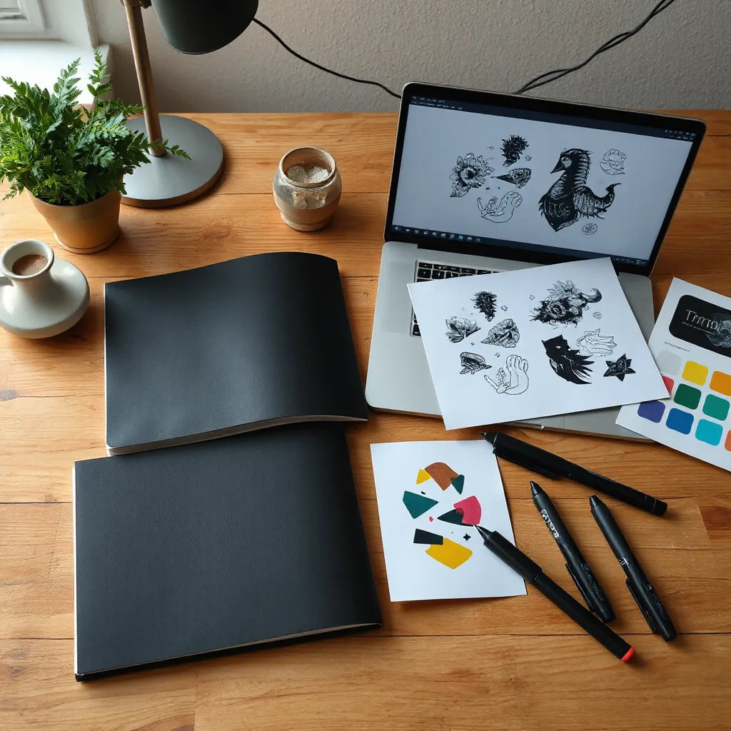 Open sketchbook on a desk with bold tattoo design mockups on a laptop and stencil sheets