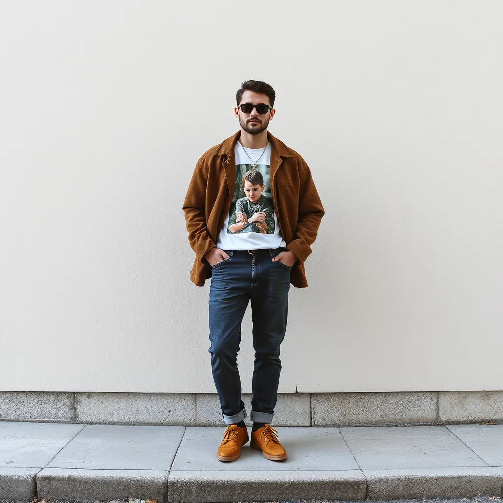 Person wearing expressive outfit with bold accessories in natural daylight