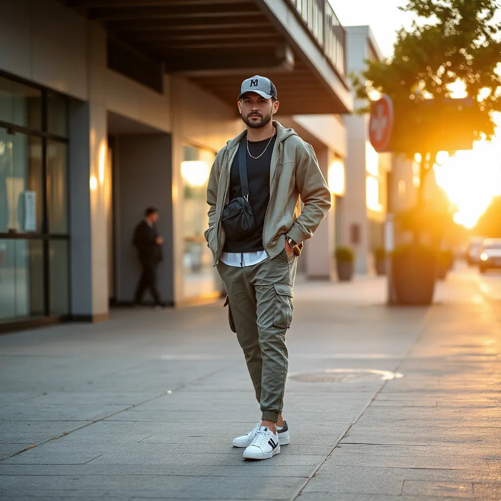 Person in layered streetwear outfit walking on a city sidewalk at golden hour