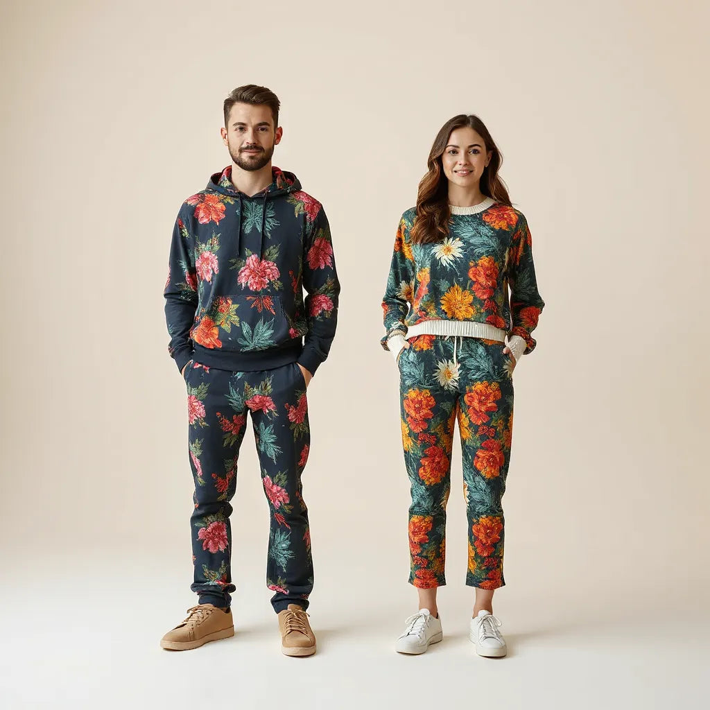 Models wearing all over print apparel with vivid, seamless patterns across the full garment