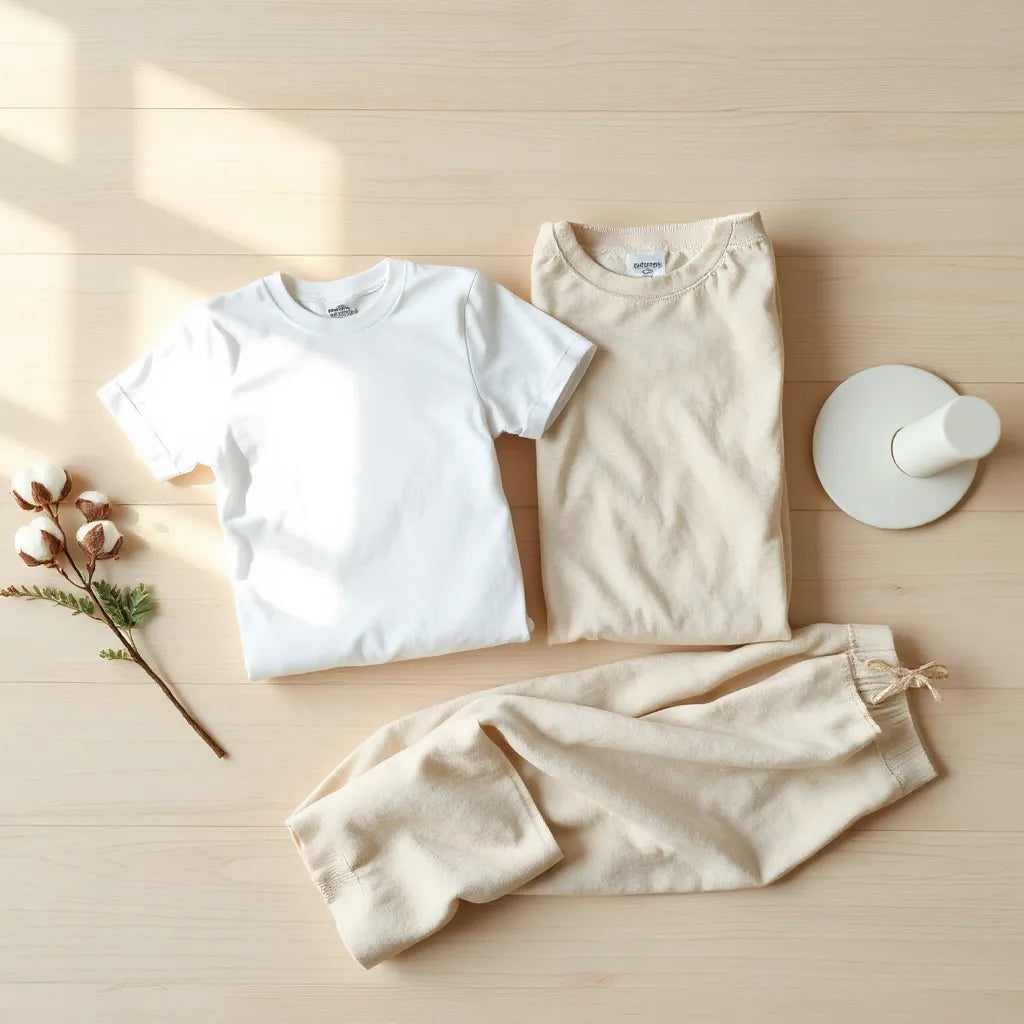 Neatly folded 100% cotton T-shirts and apparel with visible soft fabric texture