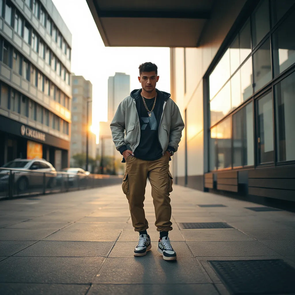 Person styling unconventional streetwear with layered outfits and bold sneakers on a quiet city street