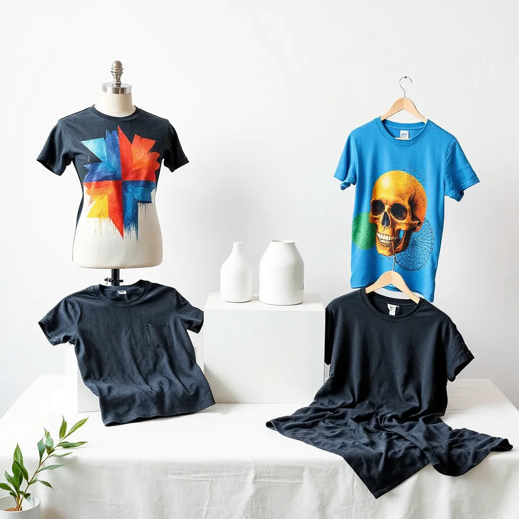 Three vibrant graphic t-shirts with colorful prints displayed in a clean studio setting