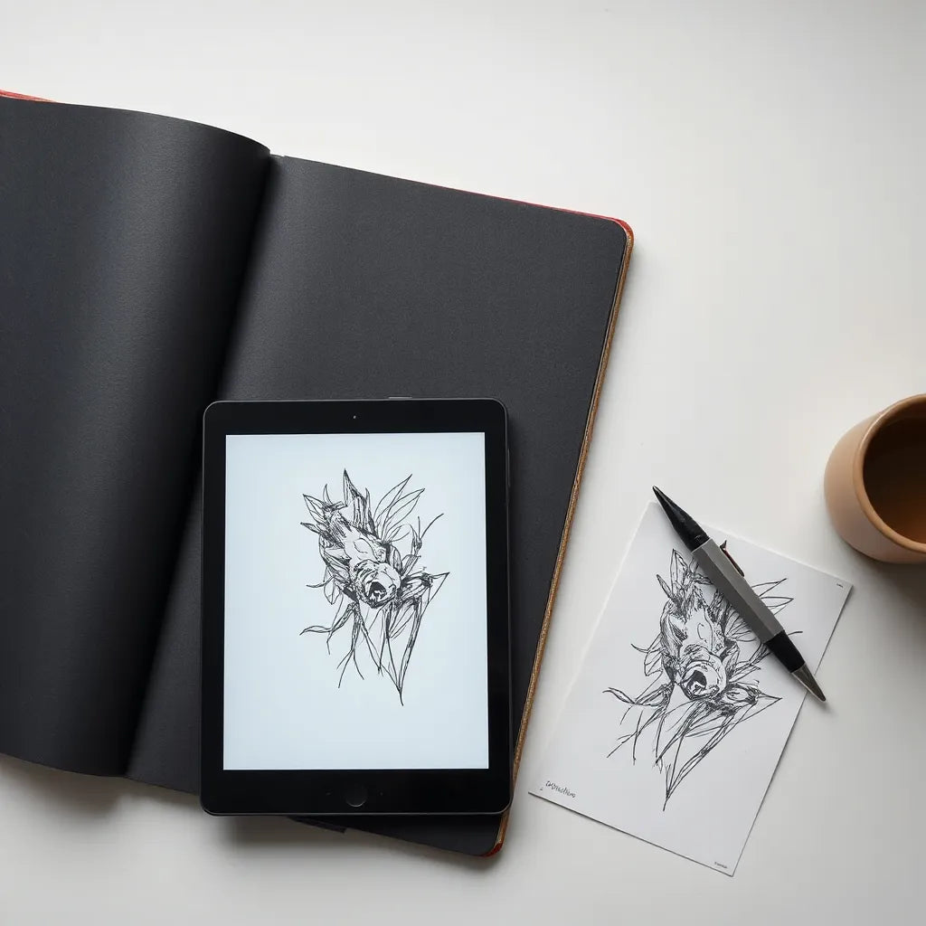 Tattoo-inspired graphic design concepts on a tablet and sketchbook in a clean studio setting