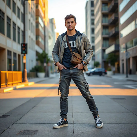 Person in layered streetwear outfit with sneakers and accessories on a city sidewalk at golden hour