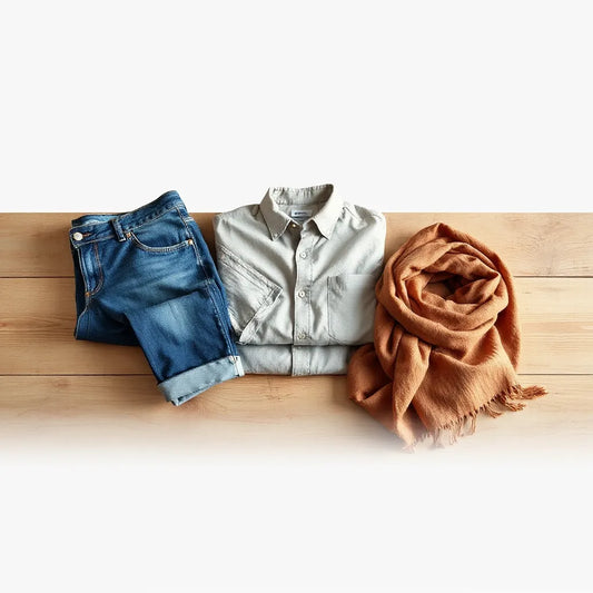 Neatly folded curated clothing items on a wooden surface with soft natural lighting.