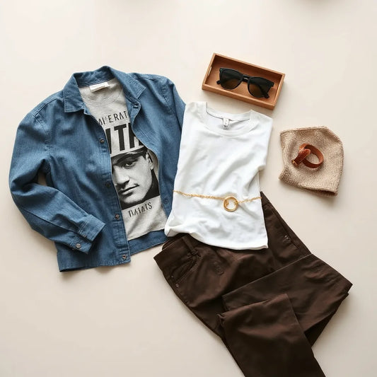 Neatly arranged wardrobe pieces and accessories on a light tabletop for styling inspiration