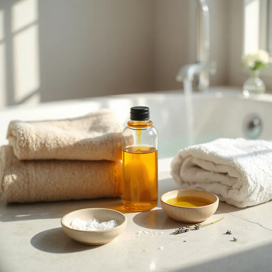 Golden bath oil bottle and oil droplets beside a calm steaming tub in a minimalist bathroom