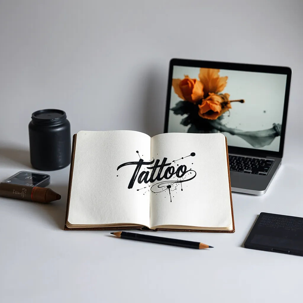Tattoo-inspired graphic design sketch on a studio table with design tools and a laptop showing surreal AI art thumbnails