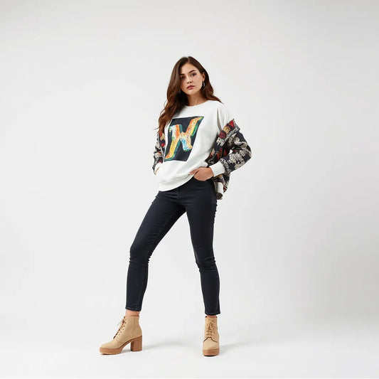 Model in a bold statement outfit posing in a clean studio with neutral background and strong colors