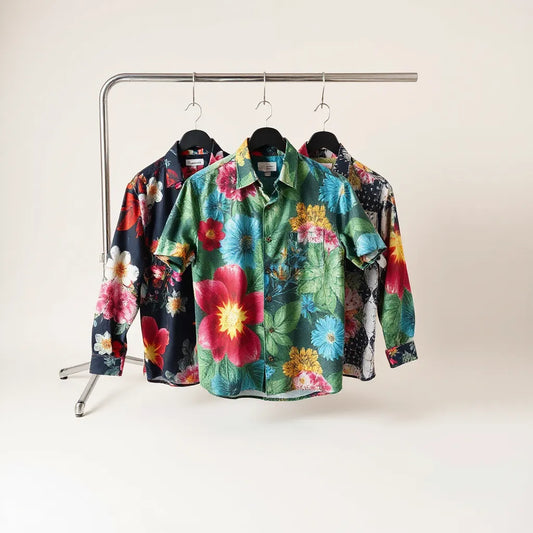Assorted all over print shirts with vivid full-pattern designs displayed on a neutral studio backdrop