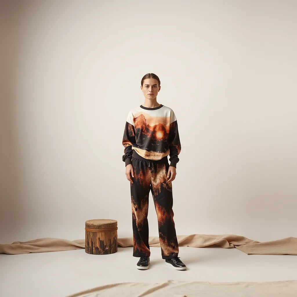 Model wearing dreamlike surreal graphic top and matching bottoms in a softly lit studio