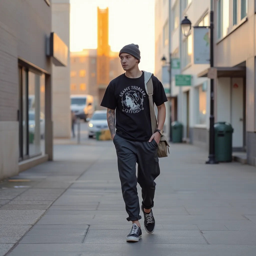Model in tattoo-inspired streetwear outfit walking on a city sidewalk with layered hoodie and graphic tee