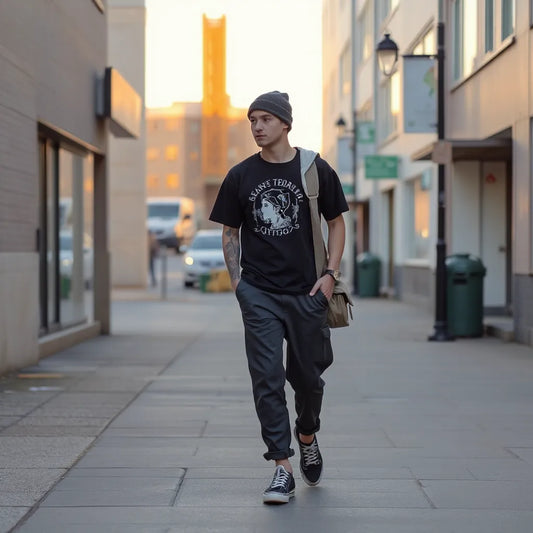 Model in tattoo-inspired streetwear outfit walking on a city sidewalk with layered hoodie and graphic tee