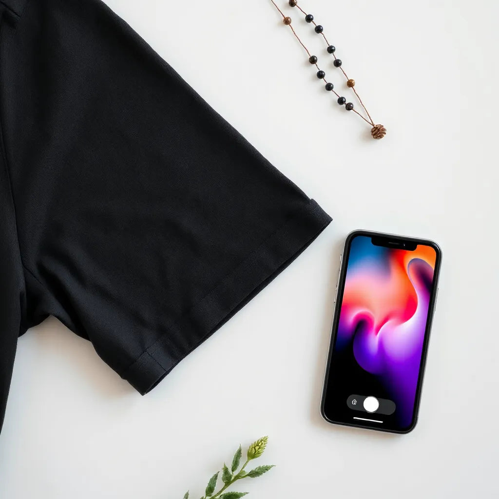 Bold tattoo-inspired graphic design on a black t-shirt with an AI color palette on a phone screen.