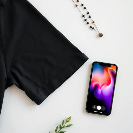 Bold tattoo-inspired graphic design on a black t-shirt with an AI color palette on a phone screen.