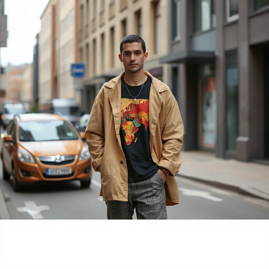 Person wearing a graphic wearable art outfit with artistic print layered in a city street setting