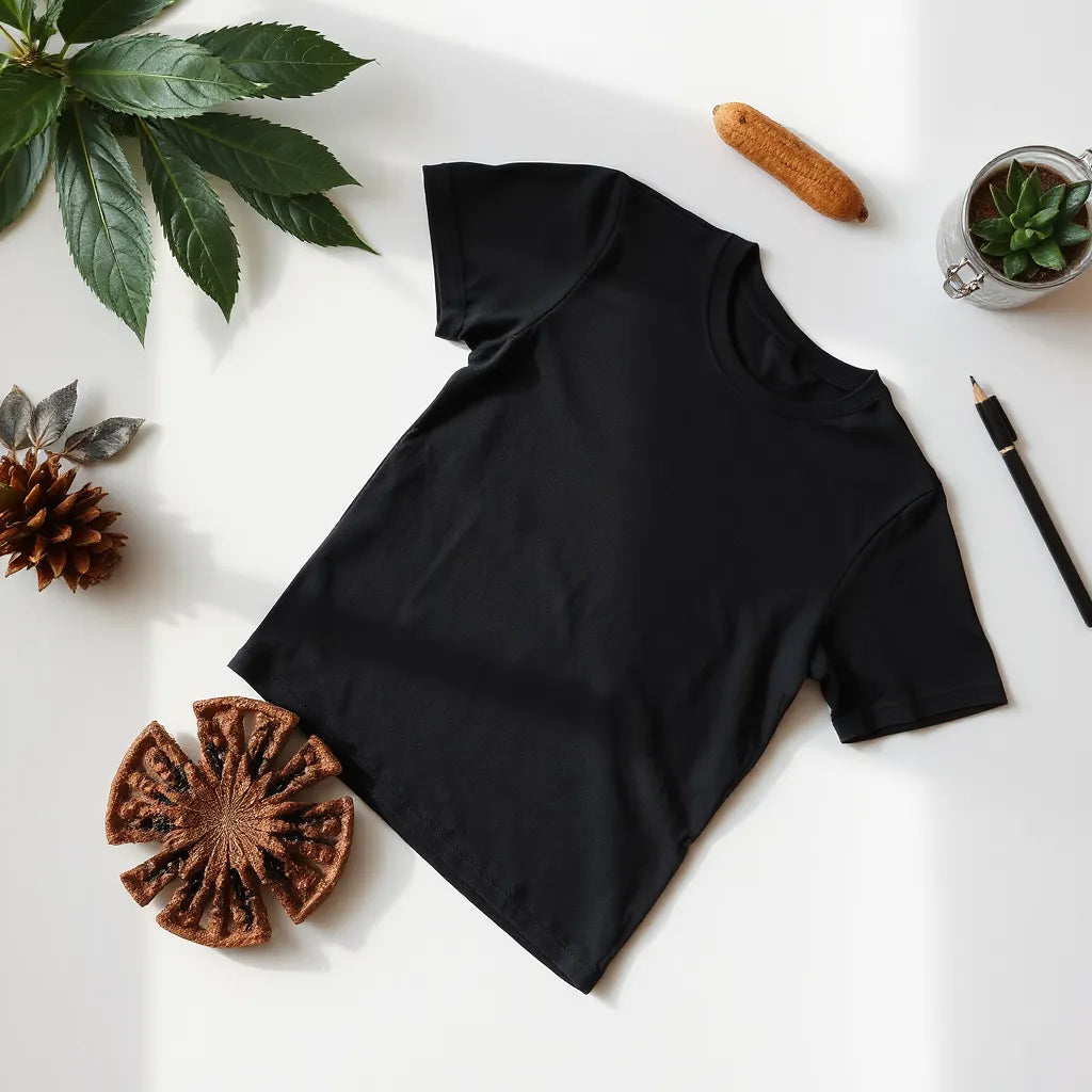 Black t-shirt mockup with a bold surreal tattoo-inspired AI graphic design artwork