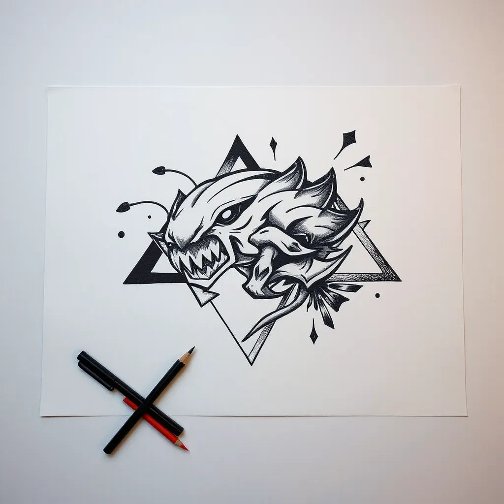 Surreal tattoo-style graphic design with ink lines and geometric shapes on a clean studio surface