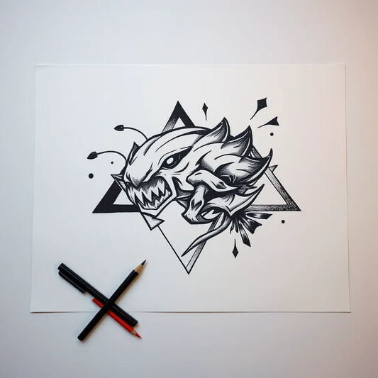 Surreal tattoo-style graphic design with ink lines and geometric shapes on a clean studio surface