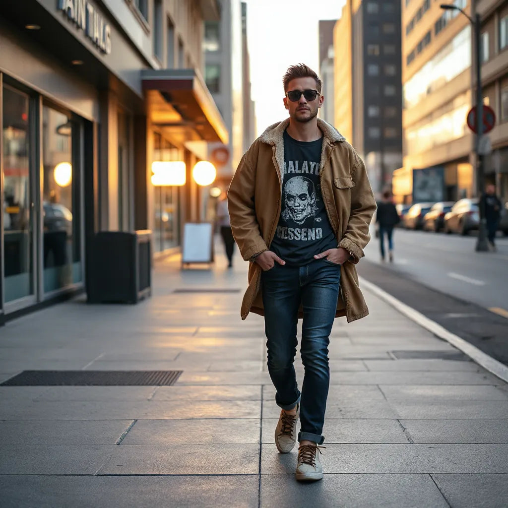 Confident streetwear look with layered jacket and graphic tee walking through an urban street at golden hour