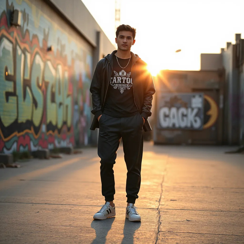 Model styling tattoo-inspired streetwear with a graphic tee, layered jacket, and clean sneakers on a city street