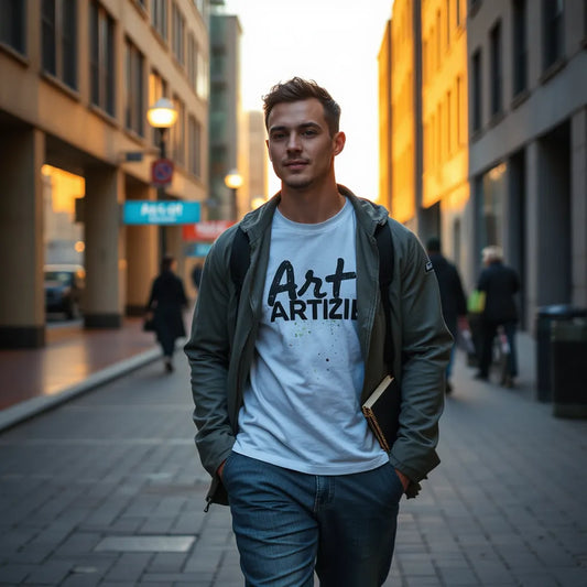 Artist in streetwear outfit with a graphic tee and sketchbook, walking on a city sidewalk at golden hour