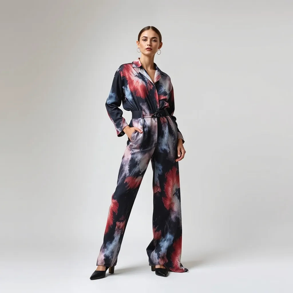 Model wearing a surreal dreamlike printed outfit on a clean studio background with soft lighting