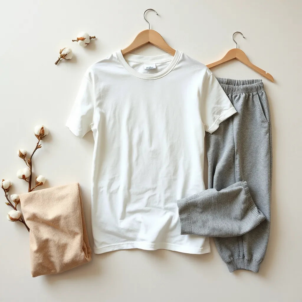 Folded 100% cotton t-shirt and hoodie with visible fabric texture on a neutral background