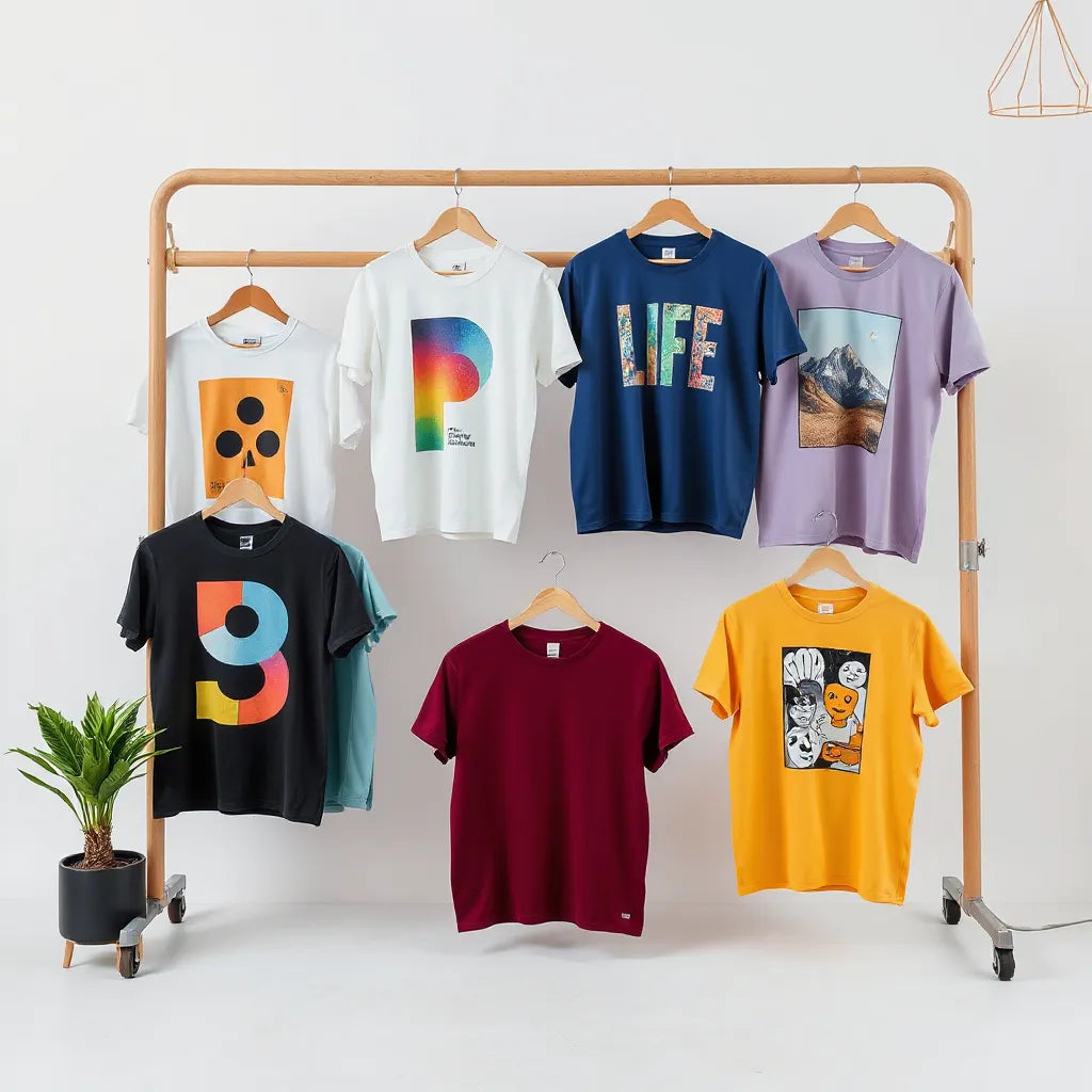 Multiple creatively designed t-shirts on hangers with colorful graphic prints in a clean studio setting