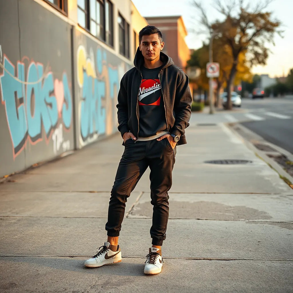 Confident streetwear outfit with bold hoodie and layered jacket on an urban sidewalk