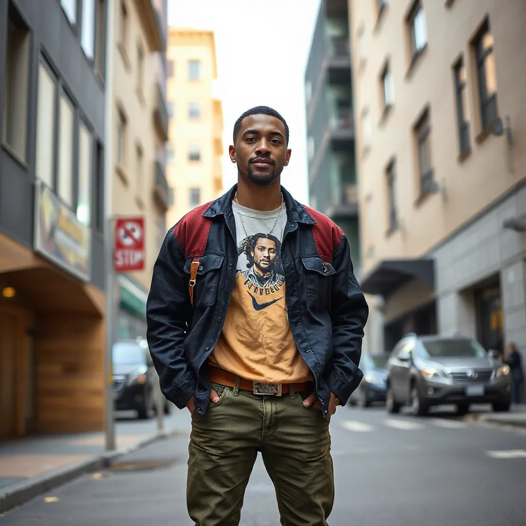 Person on an urban street wearing an expressive layered outfit with bold colors and confident styling