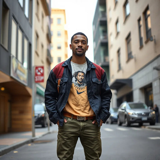 Person on an urban street wearing an expressive layered outfit with bold colors and confident styling
