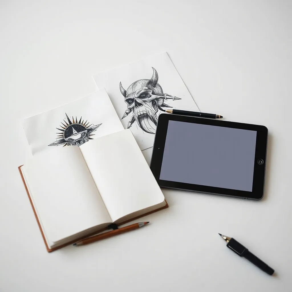 Surreal tattoo graphic design sketches on a studio tabletop with a stylus and tablet preview
