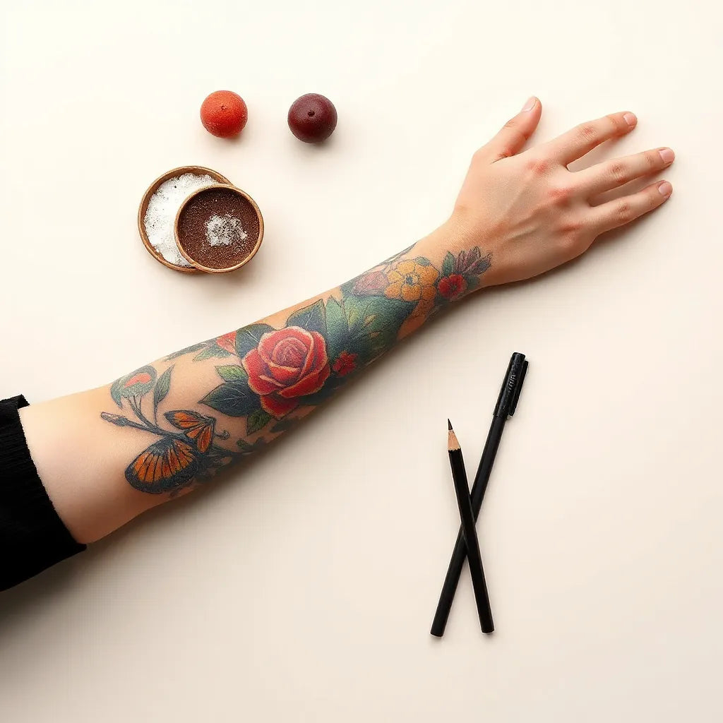 Surreal tattoo graphic concept with bold ink lines and AI-style pattern on a forearm