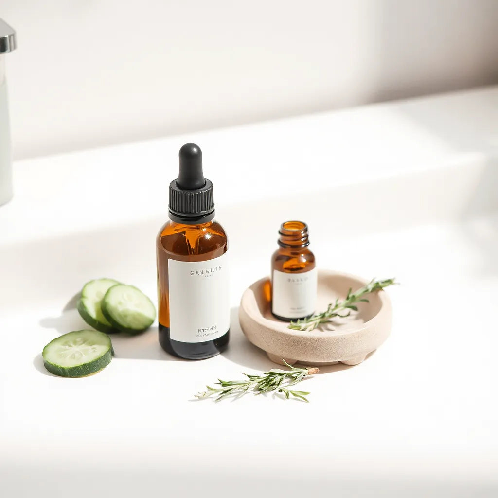 Natural face serum bottles with a dropper, fresh cucumber slices, and rosemary on a clean vanity